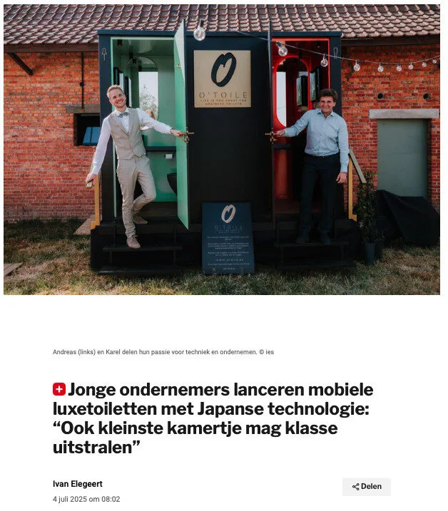 Artikel over O’toile in Gazet van Antwerpen – luxe mobiele toiletten voor stijlvolle events
